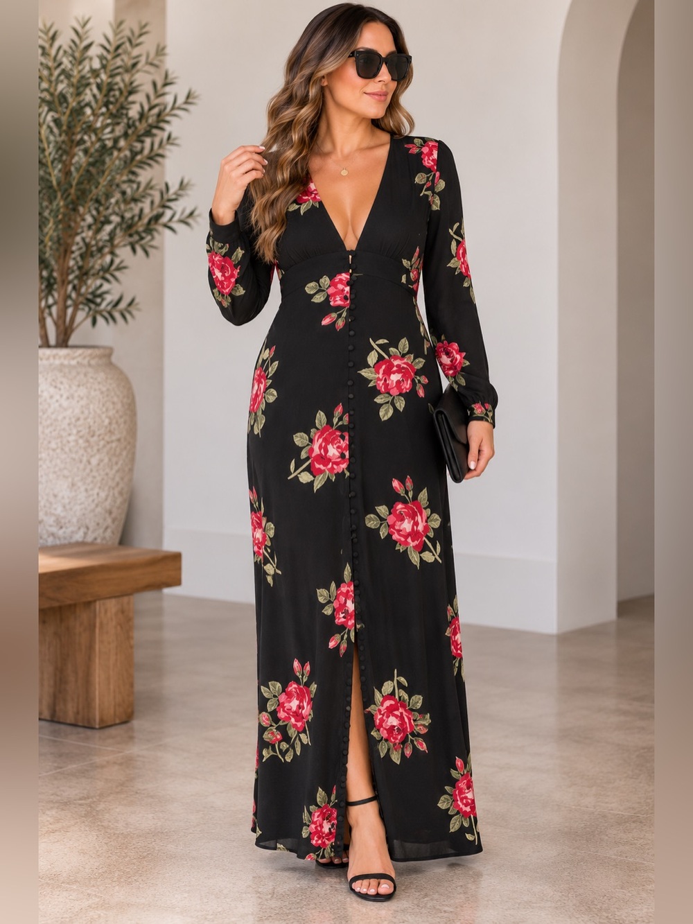 Amuse Black Floral Rose Long Sleeve Maxi Dress Size Small Button Front